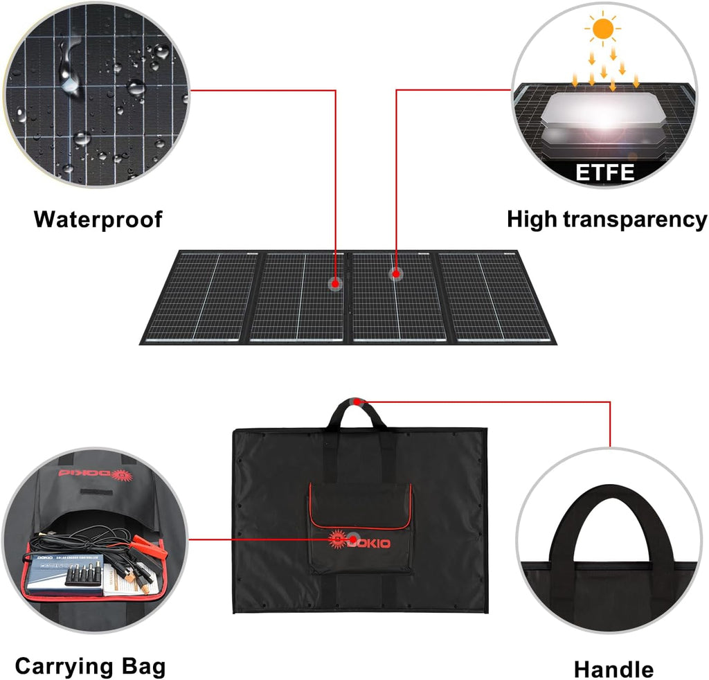 DOKIO 300W 36V Portable Folding Solar Panel Kit for 24V Batteries & Power Stations Lightweight Charger for AGM, LiFePO4, Deep Cycle — RV, Trailer, Truck, Boat, Camping, Van, Emergency