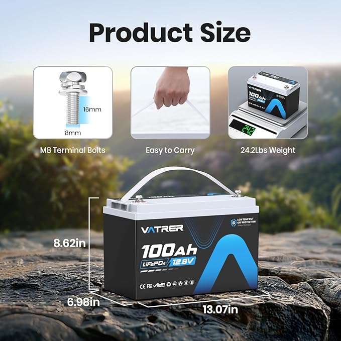 12V 100AH Low Temp Cutoff LiFePO4 Deep Cycle Battery with 1280W, Built-in 100A BMS, 5000+ Cycles Rechargeable Lithium Battery, Perfect for RV/Camper, Marine, Solar, and Off-Grid Applications