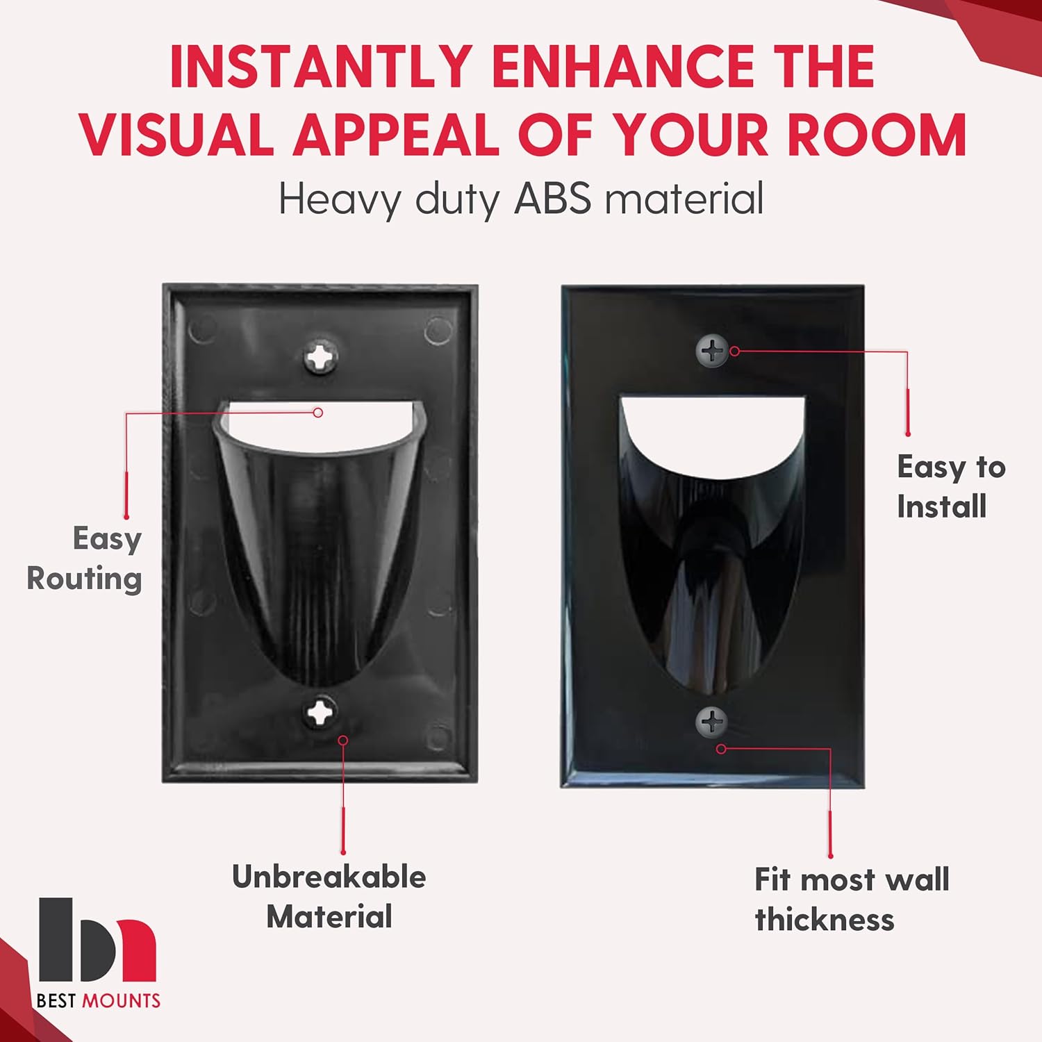 2 Pack Wall Plate Cable Pass Through with Bracket - In Wall Cable Management Kit - Recessed Cable Wall Plate Pair with Single Gang Low Voltage Mounting Bracket - Decorator Cover for Low Voltage Cables
