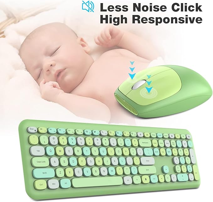 KNOWSQT Wireless Keyboard and Mouse Combo, Pale Green Full-Sized 2.4G Silent Keycap Colorful Keyboards, USB Dongle Plug Play, for Laptop, Windows, PC, Computer, Desktop