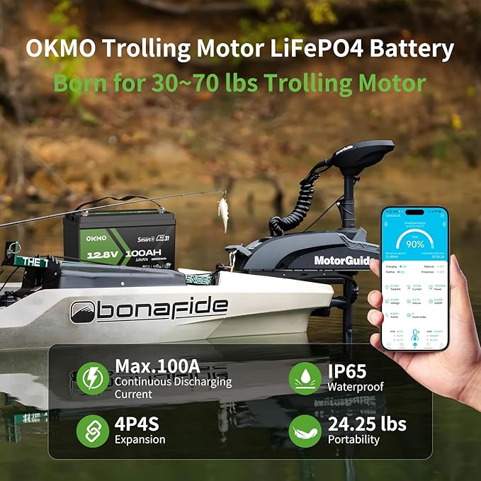 12V 100Ah LiFePO4 Lithium Battery with Bluetooth, Group 31, Built-in 100A BMS,15000+ Deep Cycles, Lightweight Rechargeable Battery for RV, Solar, Marine, Trolling Motor, Home, Off-Grid
