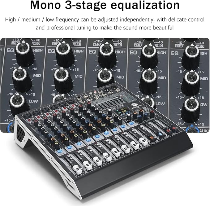 W IN-MIX DX8 Professional DJ Audio Mixer 8 Channel with 99 DSP Effects,7-band EQ,Independent 48V Phantom Power&Mute Button,Bluetooth Function,USB Interface Recording For Studio