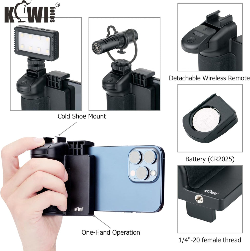 KIWIFOTOS Phone Camera Grip Handle Holder Phone Tripod Mount with Detachable Remote Shutter & Cold Shoe Adapter for iPhone 14 15 16 Pro Max Samsung Smartphone Selfie Vlog Video Shooting, Black