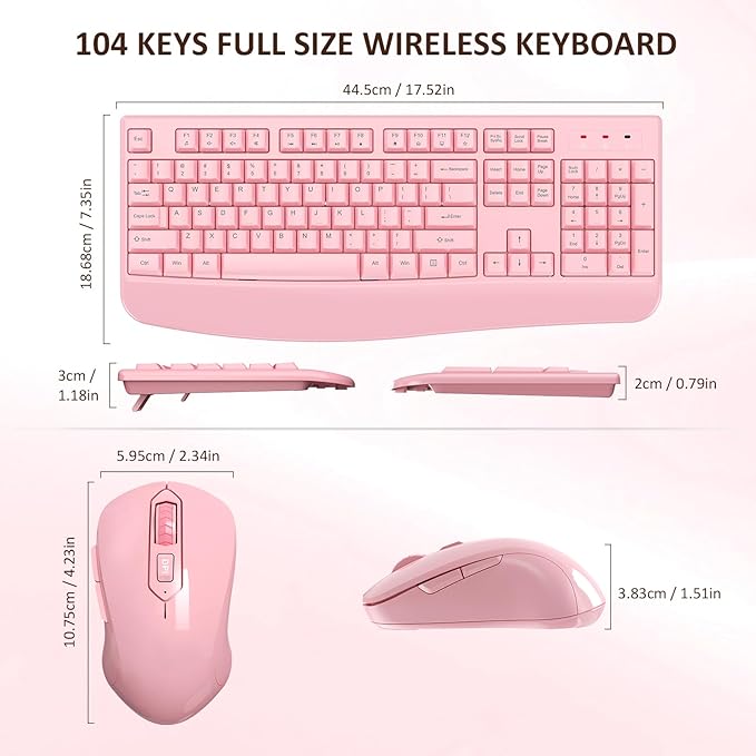 Wireless Keyboard and Mouse Combo, EDJO 2.4G Full-Sized Ergonomic Computer Keyboard with Wrist Rest and 3 Level DPI Adjustable Wireless Mouse for Windows, Mac OS Desktop/Laptop/PC (Pink)
