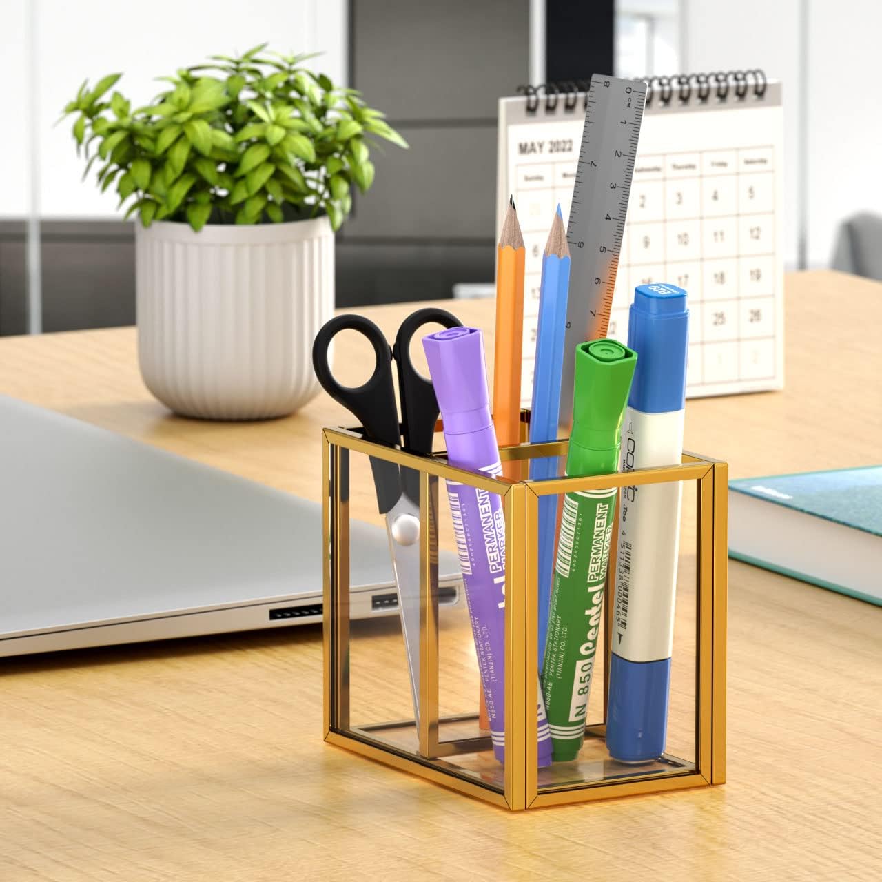 NIUBEE Gold Acrylic Pen Holder for Desk, Clear Pencil Cup Organizer Makeup Brush Holder, Acrylic Desk Organizers and Accessories for Desktop Office - 2 Compartments
