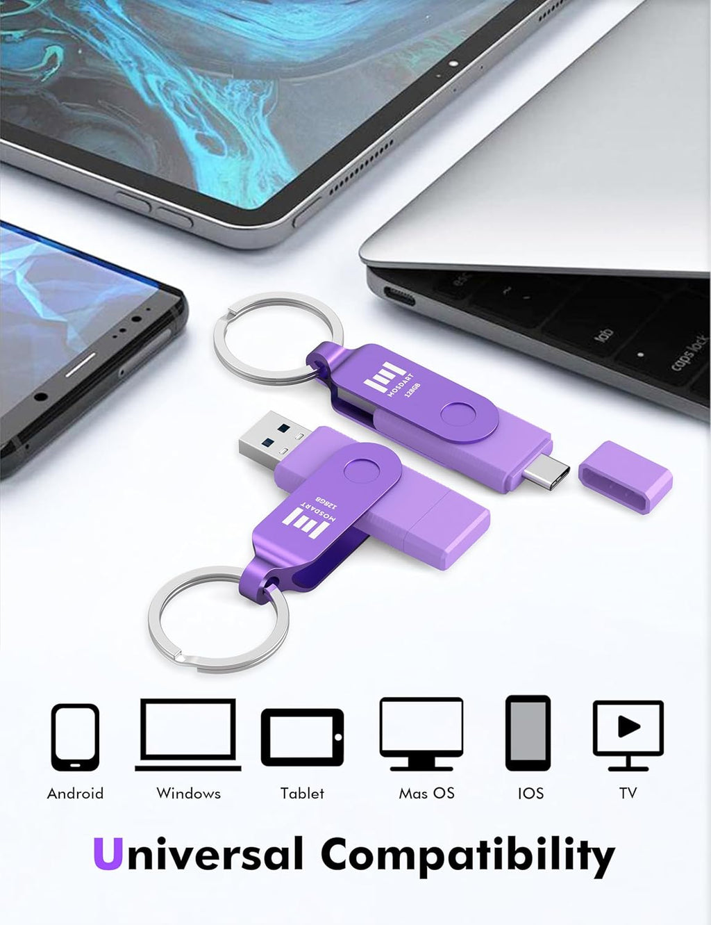 MOSDART 128GB USB3.1 Fast Speed C and A Dual Flash Drive, exFAT Memory Stick with Keychain and LED Indicator, for iPhone 15 and 16, Android Phone, iPad, MacBook, Red and Purple(Pack of 2)