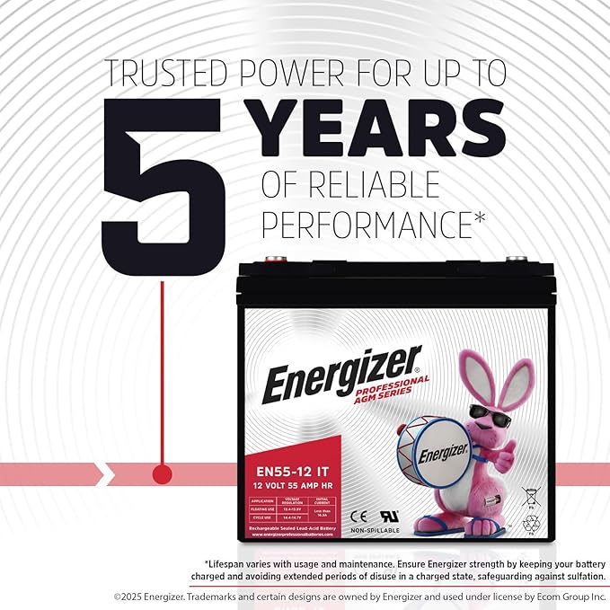 Energizer EN55-12IT, 12 Volt 55 Amp Hr, Long Lasting Sealed Lead Acid AGM Rechargeable Battery Ideal for Use in Electric Scooters, Wheelchairs, Emergency Lighting, Backup Power, and More