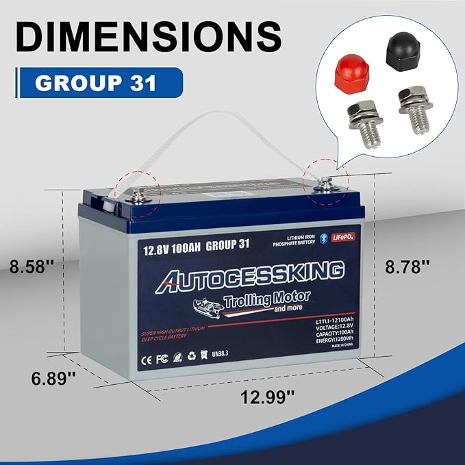 12V 100Ah Trolling Motor Bluetooth LiFePO4 Battery, 120A BMS Rechargeable BCI Group 31 Lithium Battery with Low-Temp Protection, Up to 15000 Cycles Perfect for Trolling Motor, RV, Solar