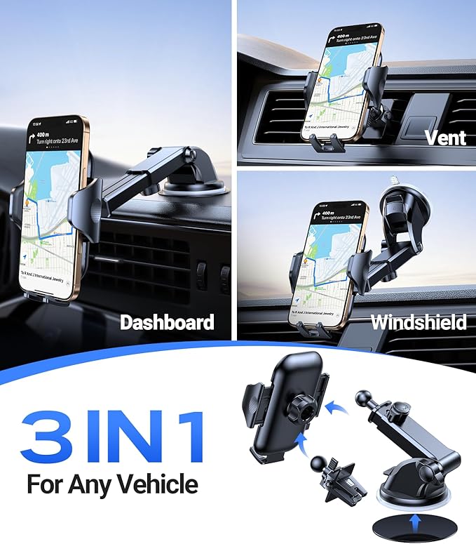 VICSEED Strong Suction Car Phone Holder [Ultra-Stable for Heavy Phones & Thick Cases] 3-in-1 Dashboard Windshield Vent Cellphone Mount, Military-Grade Truck Boat Cradle Universal for iPhone & Android