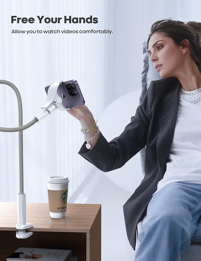 Lamicall Phone Holder Bed Gooseneck Mount, Cell Phone Clamp Clip for Desk, Flexible Long Arm Headboard Bedside Lazy Bracket, Overhead Table Stand Grey