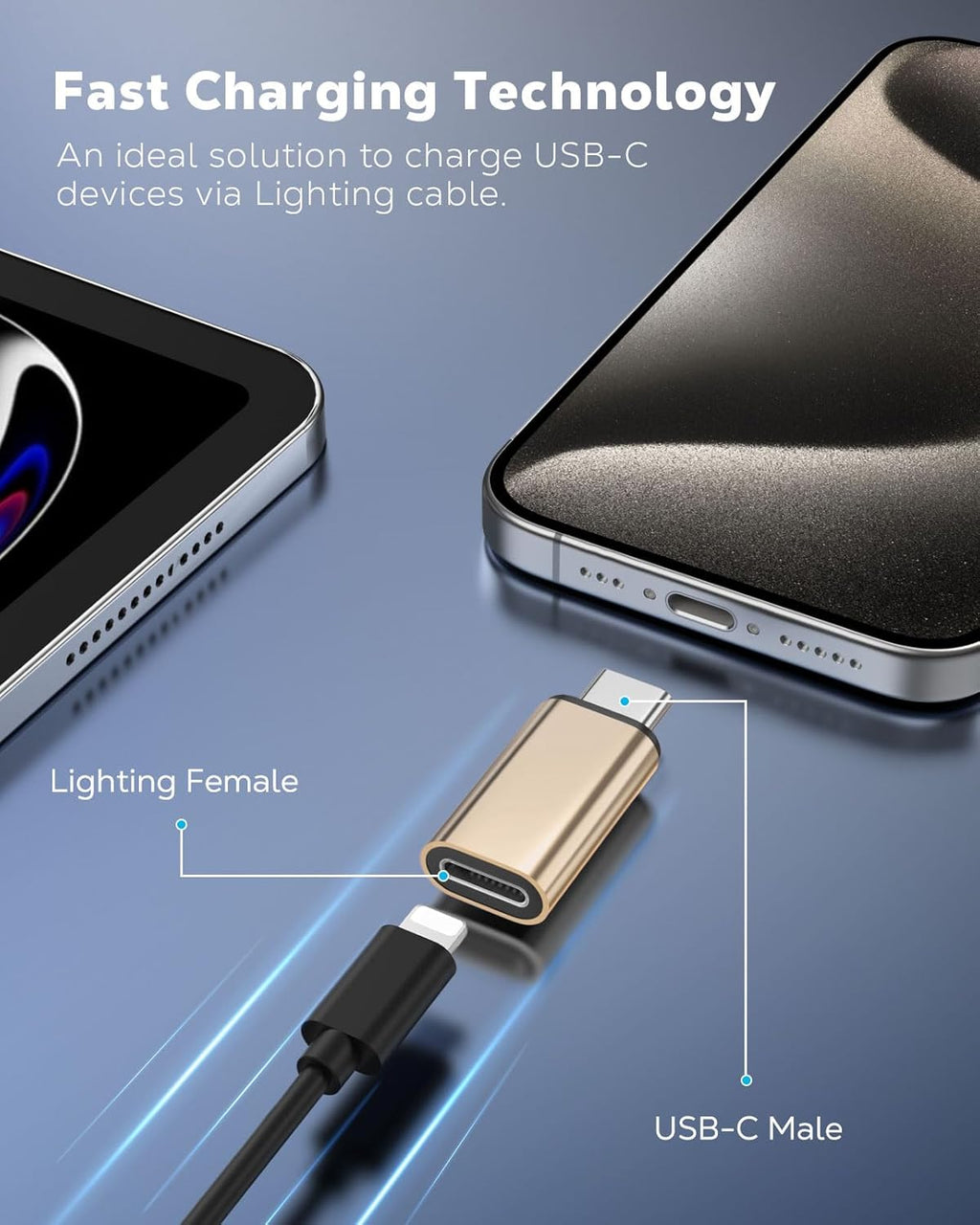 MoKo Lightning to USB C Adapter 2Pack, NOT for Lightning Earbuds/Headphones/OTG, USB-C to Lightning Adapter for iPhone Air 17 16 15 Pro Max Plus,iPad Pro/Air,Galaxy,ONLY for Charging/Data Sync, Gold