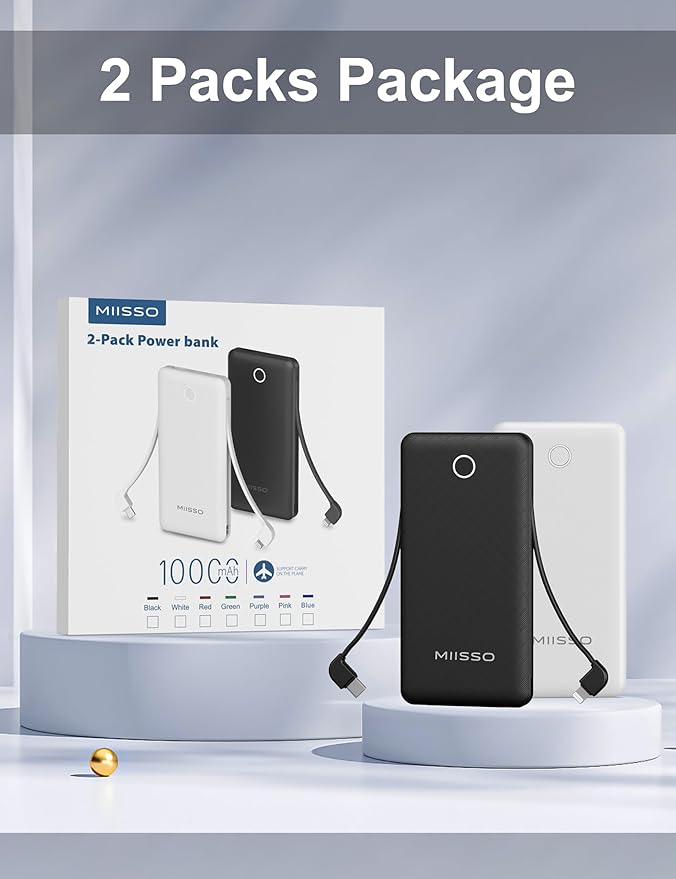 10000mAh Slim Portable Charger with Built in Cable, Power Bank Travel Charger External Battery Pack for Phone, 4 Output USB Type C Cord Clutch Charger Compatible with iPhone, 2 Pack Black & White