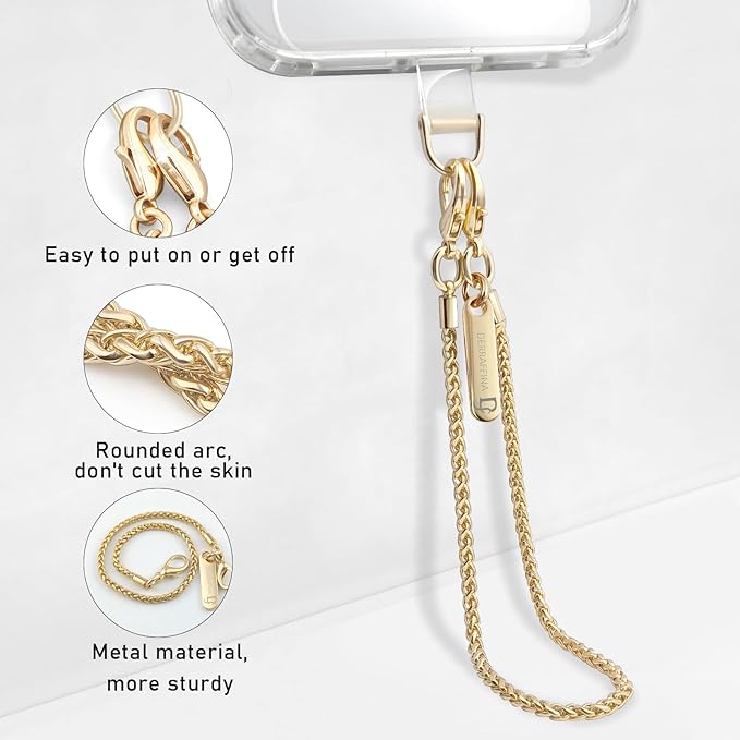 Metal Phone Chain, Crossbody Detachable Phone Lanyard with 1*Wrist Strap & 2* Tether Tabs for iPhone and Smartphones (Gold,Extend)