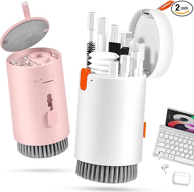 walrfid 2pcs White Pink Computer Keyboard Cleaner Kit, Laptop Screen Cleaning Spray for iPhone AirPod Phone MacBook iPad, 20-in-1 Electronic Clean Brush Tool for Earbud iPod TV Earphone Camera