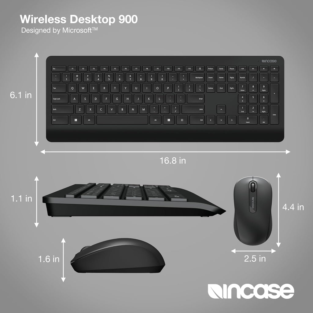 Incase Wireless Desktop 900 Keyboard and Mouse Combo - Designed by Microsoft – Quiet Touch Keys, Ambidextrous Design, Customizable Hotkeys, Two Year Battery Life – Black