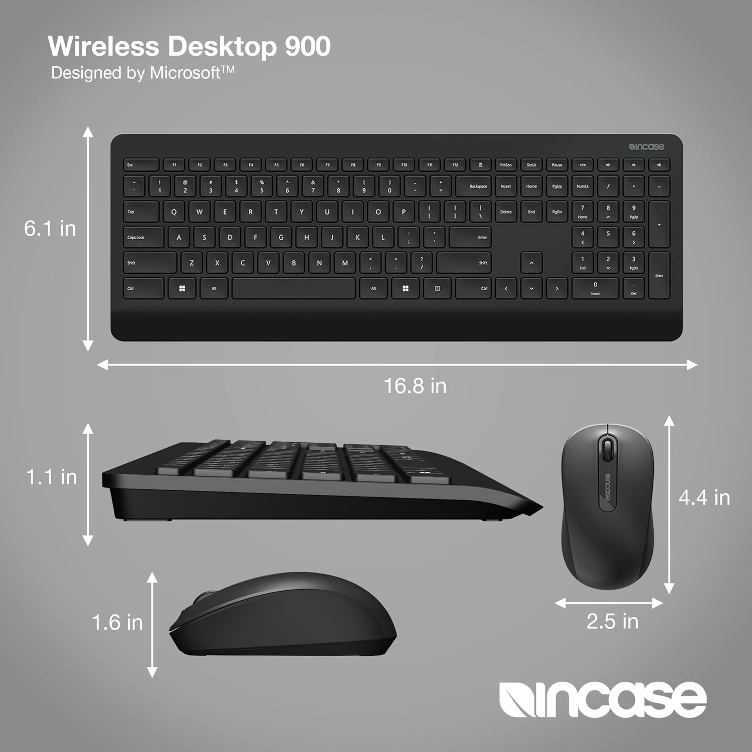 Incase Wireless Desktop 900 Keyboard and Mouse Combo - Designed by Microsoft – Quiet Touch Keys, Ambidextrous Design, Customizable Hotkeys, Two Year Battery Life – Black
