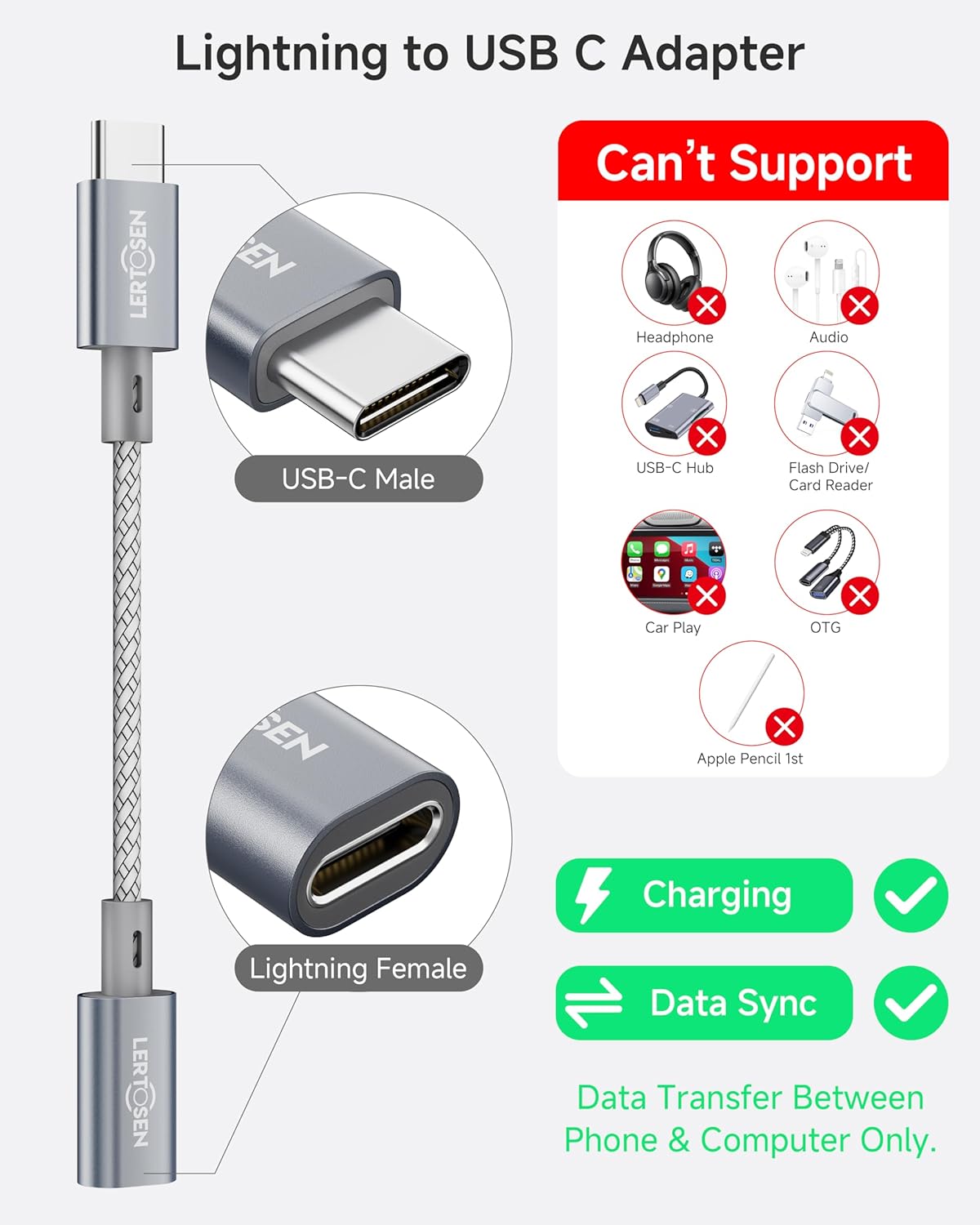 2 Pack Lightning to USB C Adapter,Lightning Female to USB C Male Cable Adapter Type C Charger Connector for iPhone 17 16 15 Pro Max Plus,Samsung S25/S24/S23,Fast Charging & Data Sync,Not for Audio/OTG
