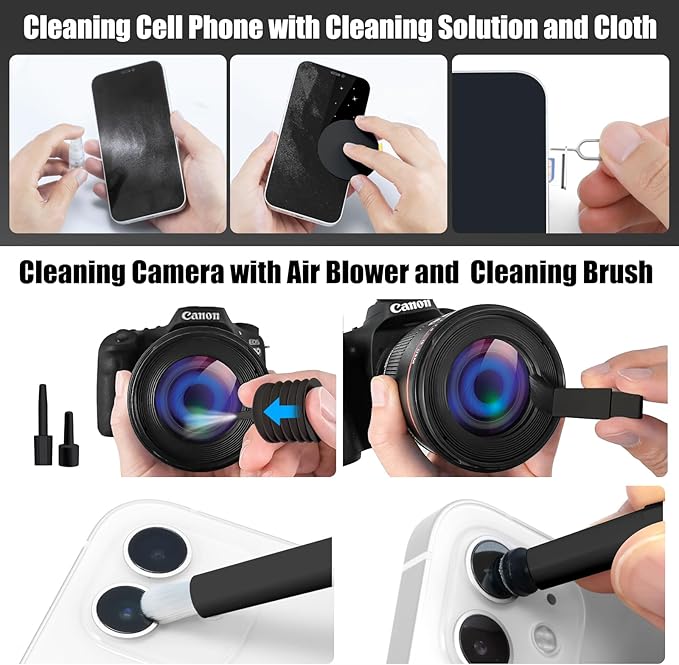 walrfid 2pcs Computer Keyboard Cleaner Kit, Laptop Screen Cleaning Spray for iPhone AirPod Phone MacBook iPad, 20-in-1 Electronic Clean Brush Tool for Earbud iPod Monitor TV Earphone Camera, Black