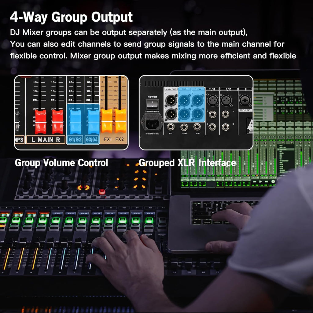 Professional Audio Mixer, 24 Channel Sound Board Mixing Console, Dual DSP Reverb, Dual 7-Band EQ, 48V Phantom Power, 4 Group Stereo Output Input, Mixer for Church