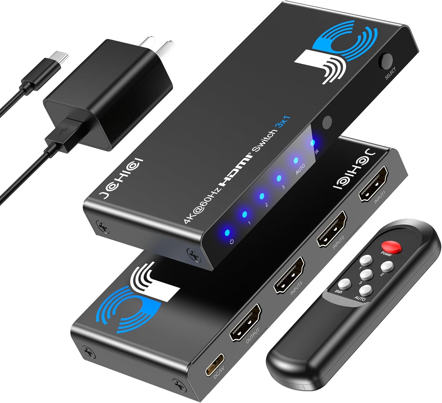 HDMI Switch 3 in 1 Out, 4K@60Hz Switcher, Auto-Switching HDMI 2.0 Switcher with Remote, HDCP 2.2/HD R/3D, Works with PS5/PS4/Switch/Xbox/PC