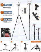 Tripod for Camera, 83" Camera Tripods & Monopods with Metal Handle, Professional Aluminum Tripods, Heavy Duty Tripod for DSLR Camera Lasers Spotting Scope Binoculars Telescope, Payload 35Lb