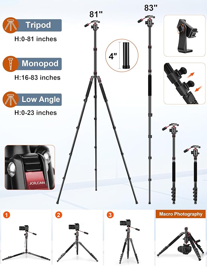 Tripod for Camera, 83" Camera Tripods & Monopods with Metal Handle, Professional Aluminum Tripods, Heavy Duty Tripod for DSLR Camera Lasers Spotting Scope Binoculars Telescope, Payload 35Lb