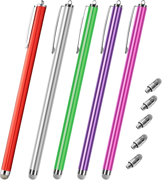 Extra Long Stylus pens for Touch Screens [5 Pack Fiber mesh Tips] Compatible for iPad iPhone Android Tablet Laptop Surface Chromebook High Sensitivity & Fine Point Capacitive Pen