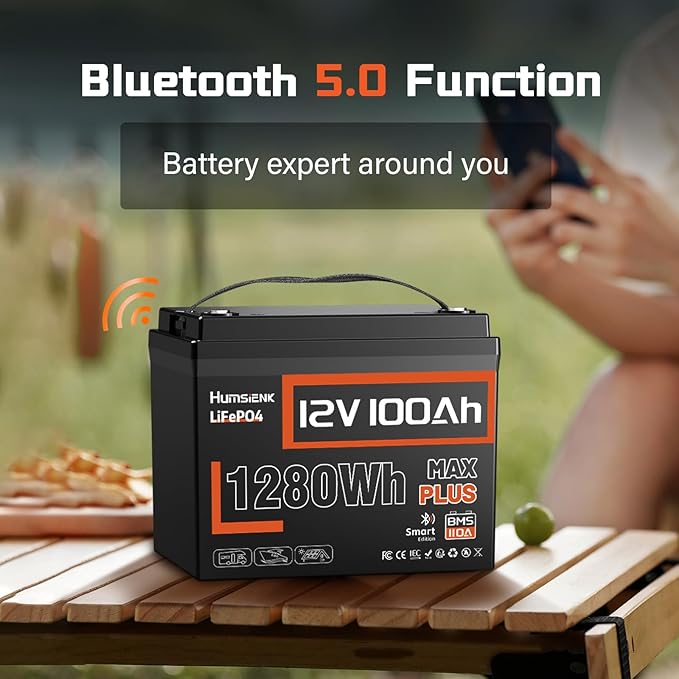 12V 100Ah LiFePO4 Lithium Battery MAX Bluetooth 5.0 IP67, Built-in 110A BMS 15000+ Deep Cycles 1280Wh Lithium Battery, for RVs Marine