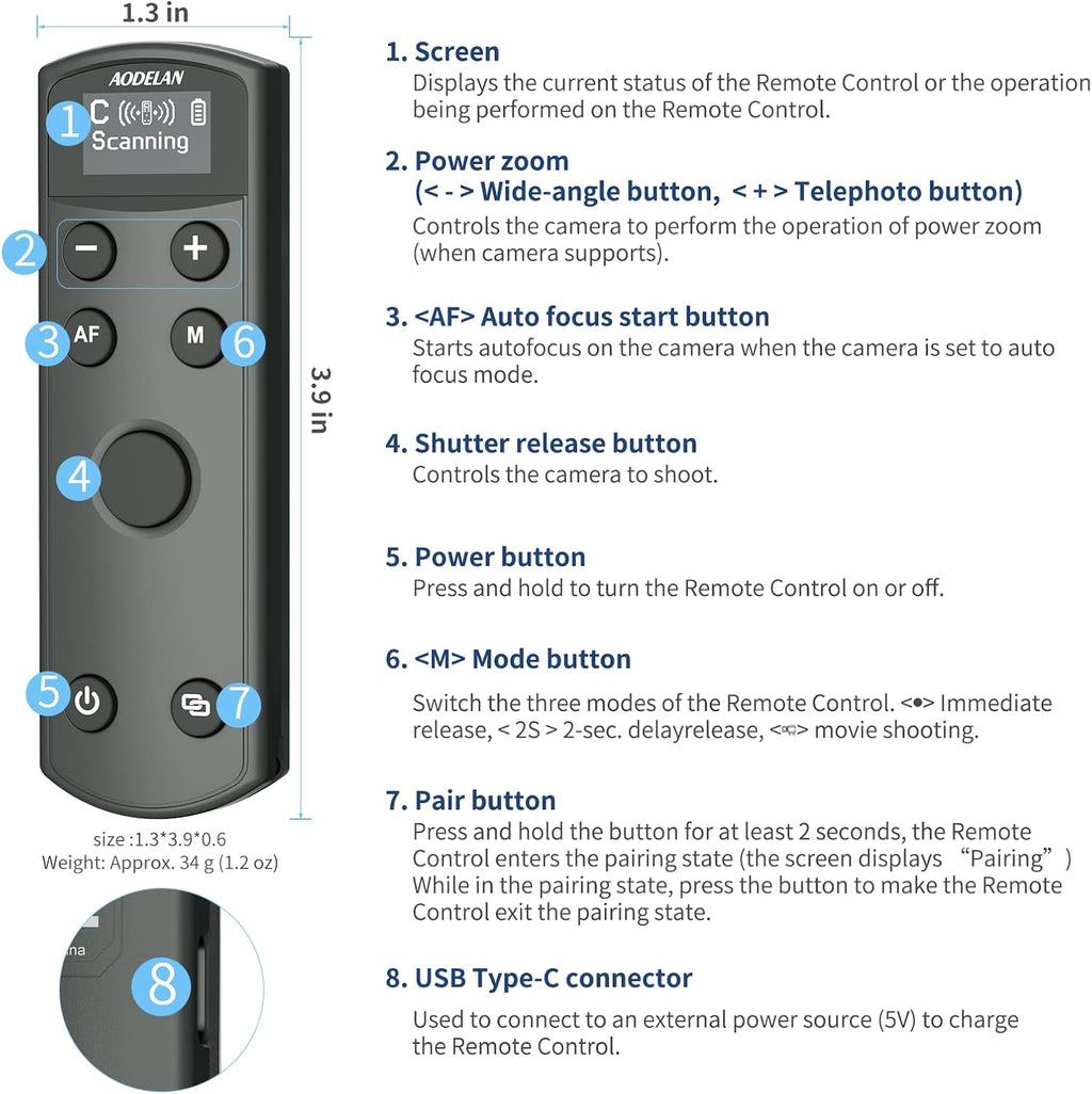 AODELAN for Canon Rechargeable Wireless Shutter Release Camera Remote Control Zoom Focus Compatible with R50,G7X Mark III,R6 Mark II,R5,R6,M6 Mark II,M200,M50,90D,200D,Replace Canon BR-E1(Black)