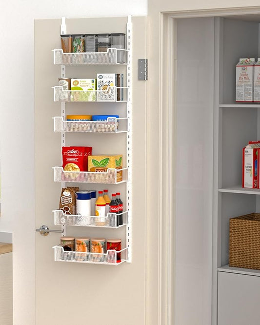 12.3" W Narrow Over the Door Pantry Organizer, 6-Tier Over the Door Organizer with Adjustable Basket, Pantry Door Organization for Pantry Kitchen Storage Room Spice Rack, White
