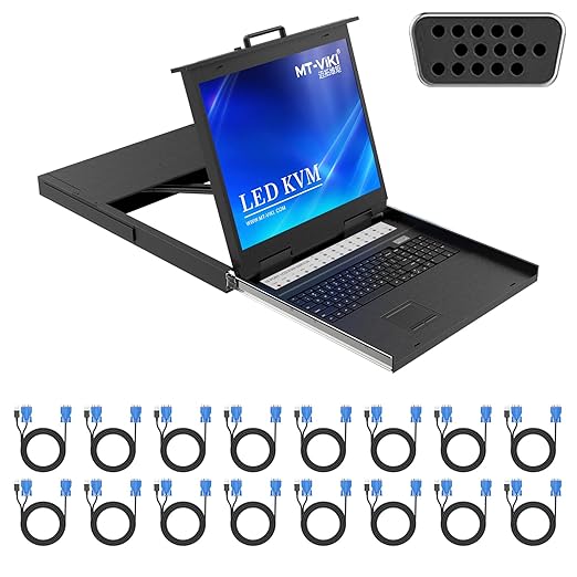 MT-VIKI 19'' LCD KVM Console, 16 Port VGA KVM Switch w/Keyboard+Monitor+Mouse+Drawer+Touchpad, Support OSD/Hotkey/Panel Button Switching (Included 16 KVM Cables)