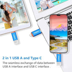 3.0 USB C Flash Drive, USB-A & Type-C OTG Thumb Stick, Dual Memory Sticks Compatible with PC/Laptop/Type C Cell Phone and Tablet (Blue/Blue, 512GB)
