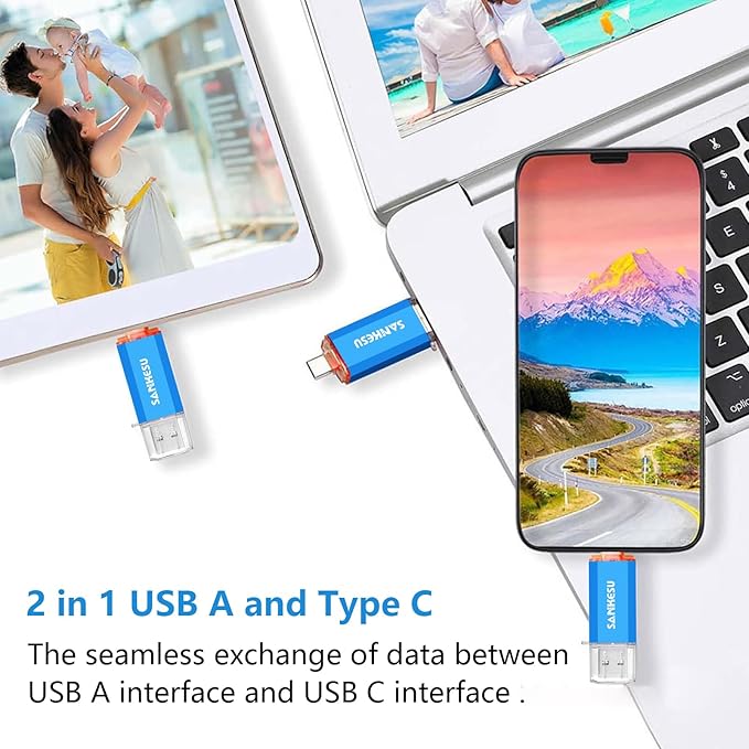 3.0 USB C Flash Drive 512GB, USB-A & Type-C OTG Thumb Stick, Dual Memory Sticks Compatible with PC/Laptop/Type C Cell Phone and Tablet (Blue)