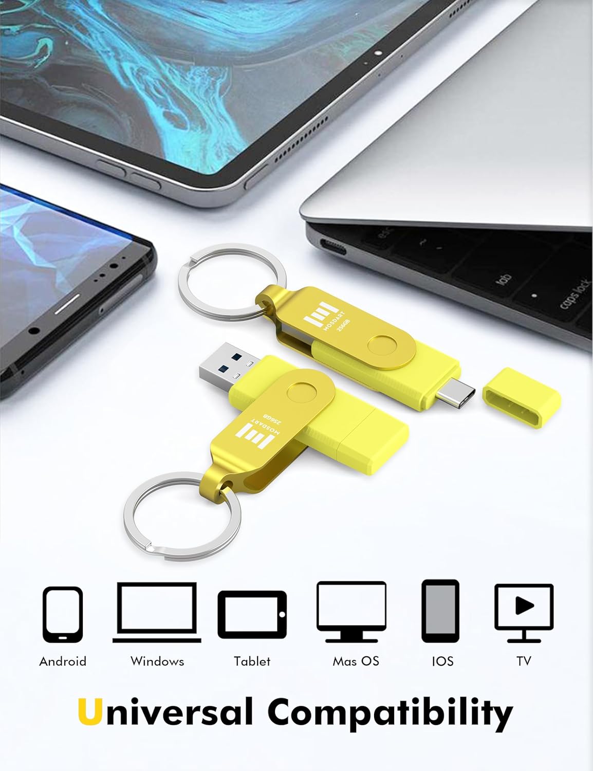 MOSDART 256GB USB3.1 Fast Speed C and A Dual Flash Drive, exFAT Memory Stick with Keychain and LED Indicator, for iPhone 15 and 16, Android Phone, iPad, MacBook, and Other Laptops,Yellow