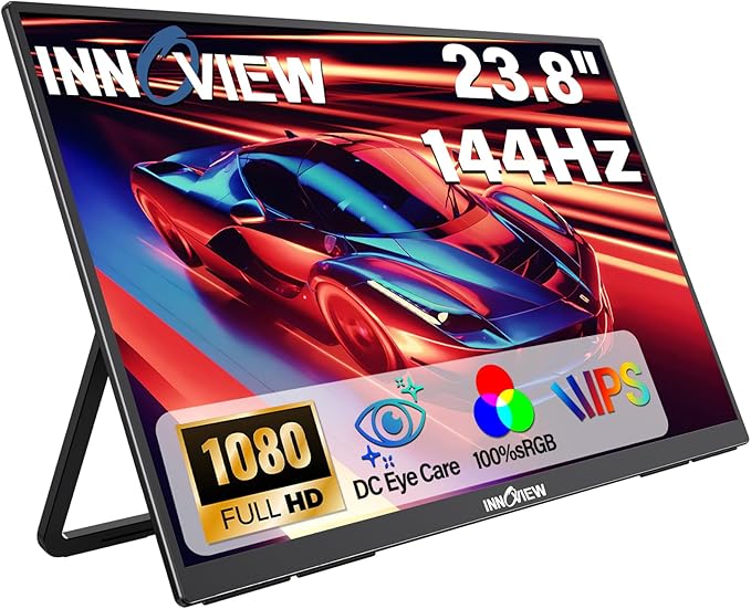 InnoView 23.8" Large Portable Monitor, FHD 144HZ 100% SRGB IPS USB-C HDMI Work Home Gaming Second Monitor 1080P W/180°Adjustable Stand for Laptop, MacBook, Phones