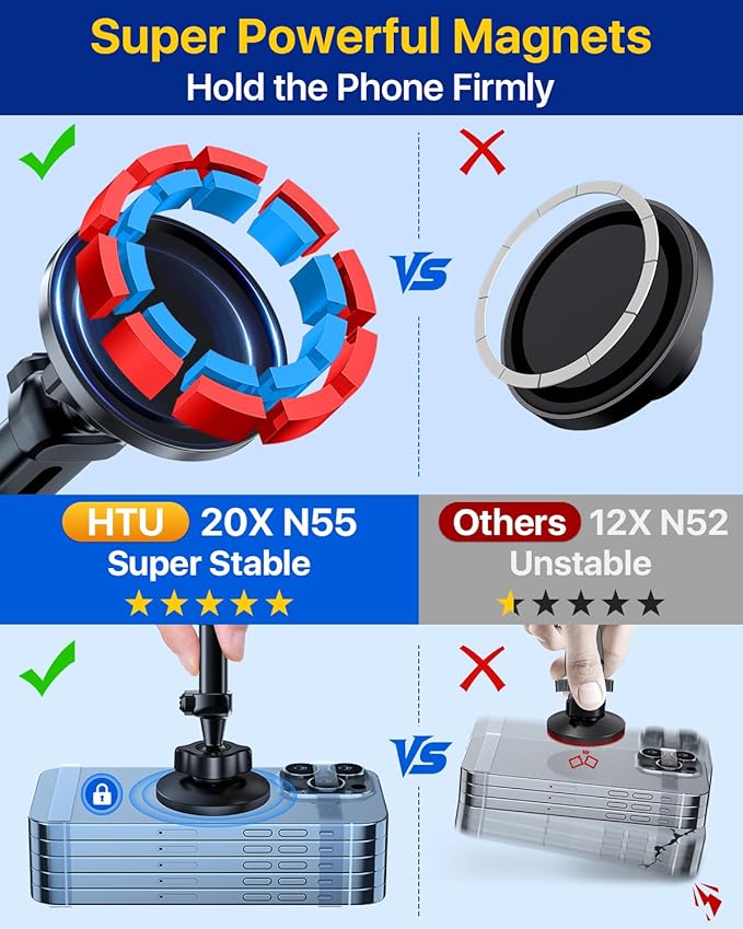 HTU for MagSafe Car Phone Mount Magnetic Phone Holder for Windshield Vent Dashboard Magnetic Suction Phone Mount for iPhone 16/15/14/13/12 & Android (Neutral Gray)