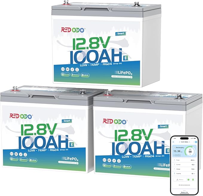 Redodo 12V 100Ah LiFePO4 Battery Bluetooth, Low-Temp Protection BCI Group 24 Lithium Battery for Trolling Motor, Bulit-in 100A Smart BMS, Perfect for Marine, Boat, RV, Solar and Off Grid - 3 Pack
