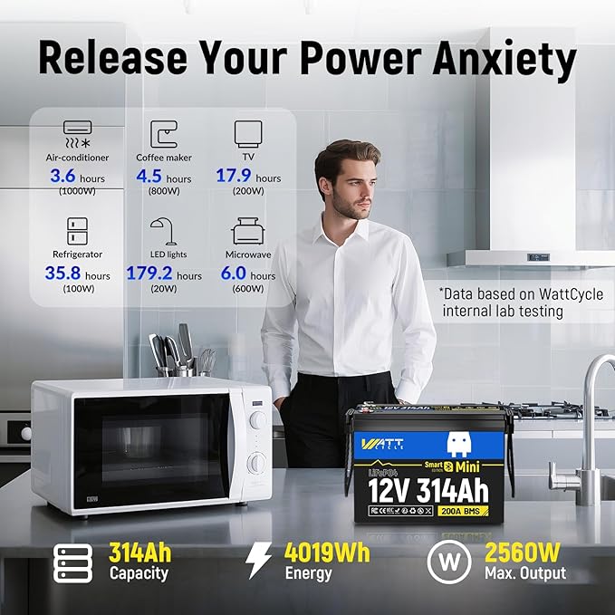 12V 314Ah Mini LiFePO4 Battery Bluetooth with 12V 60A Charger, 12Volt 300Ah + Lithium Batterys BMS 200A, 4.01kWh Energy, Upgraded Aluminum Cooling Fins & Braided Copper Wires