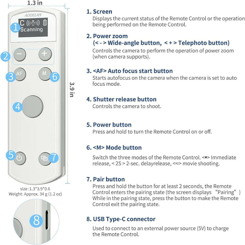 AODELAN Rechargeable Wireless Shutter Release for Canon Camera Remote Control Zoom Focus Compatible with R50,G7X Mark III,R6 Mark II,R5,R6,R7,M6 Mark II,M200,M50,90D,200D,Replace Canon BR-E1(White)