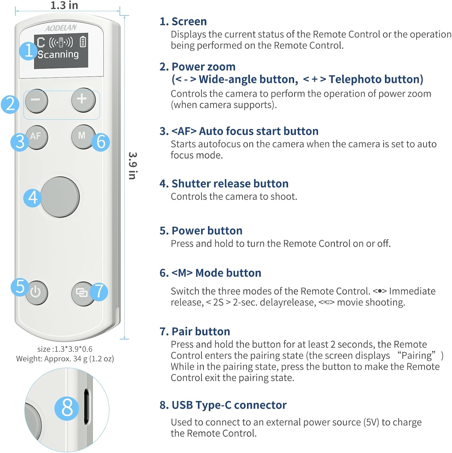 AODELAN Rechargeable Wireless Shutter Release for Canon Camera Remote Control Zoom Focus Compatible with R50,G7X Mark III,R6 Mark II,R5,R6,R7,M6 Mark II,M200,M50,90D,200D,Replace Canon BR-E1(White)