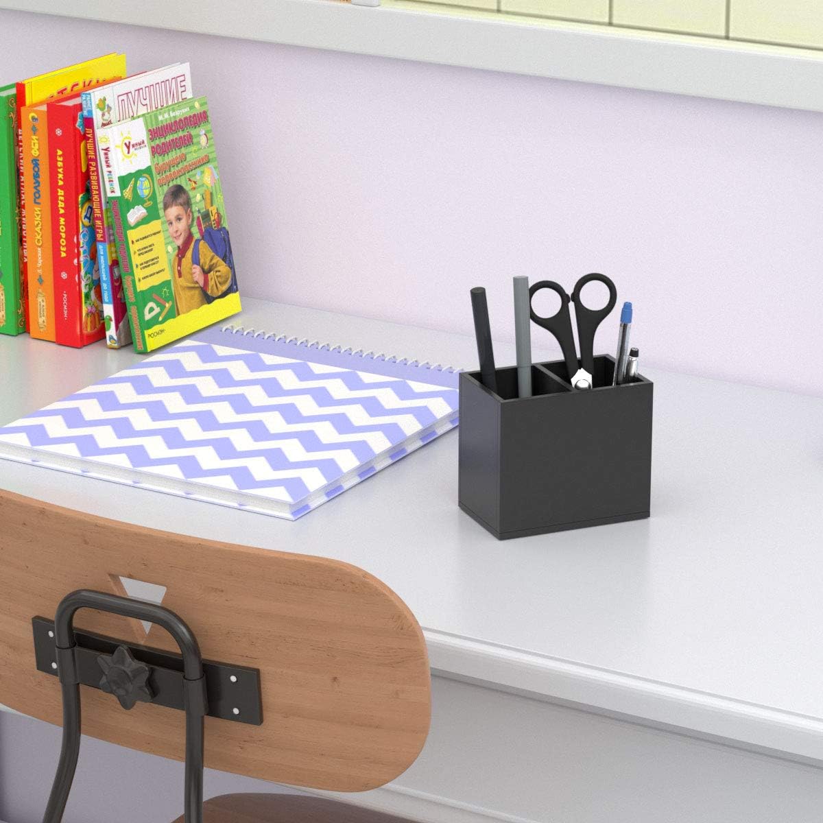 NIUBEE Acrylic Pen Holder 2 Compartments, Black Pencil Organizer Cup for Countertop Desk Accessory Storage