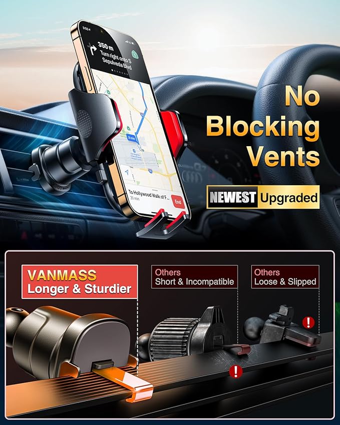 VANMASS [Longest Lasting] True Military-Grade Car Phone Holder Strongest Suction & Clip Cell Mount Dashboard Windshield Vent Automobile Cradle Truck Accessories for iPhone 16 15 Pro Max 14 13 Android