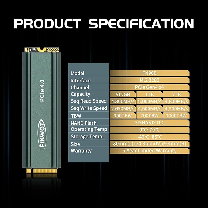 FN960 2TB M.2 2280 PCIe Gen4 x4 NVMe 1.4 Internal Solid State Drive with Heatsink - Speeds up to 5,000MB/s, Dynamic SLC Cache, Internal SSD
