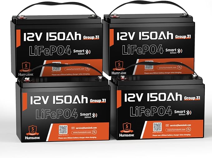 12V 150Ah LiFePO4 Lithium Battery 4 Pack- BCI Group 31 with Bluetooth | Built-in 110A BMS & Low-Temp Protection | 15000+ Deep Cycles for Solar RV Marine Off-Grid