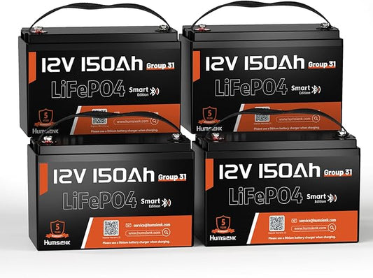 12V 150Ah LiFePO4 Lithium Battery 4 Pack- BCI Group 31 with Bluetooth | Built-in 110A BMS & Low-Temp Protection | 15000+ Deep Cycles for Solar RV Marine Off-Grid