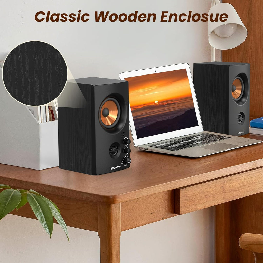 BESTISAN Active Bookshelf Speakers, 50W BT Home Speakers, 3’’ Woofer, 1’’ Silk Dome Tweeter PC Speakers, RCA Speakers for Desktop/Turntable/TV, Bass & Treble Adjustable, Headphone Port for Gaming