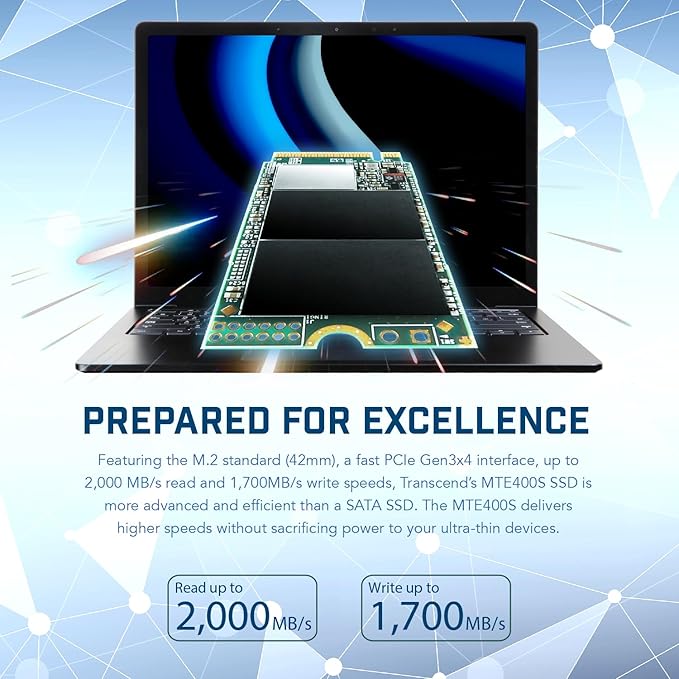 Transcend 2TB MTE400S M.2 2242 PCIe Gen3x4 SSD, Compatible with Ultra-Thin Laptops, Dram-Less Low Power, Up to 2000MB/s, TLC - TS2TMTE400S