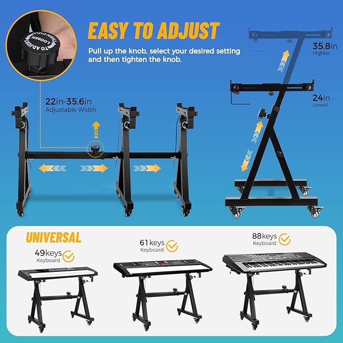 Keyboard Stand Piano w/ Wheels Duty Piano Stand Z Style Adjustable Keyboard Stand Keyboard Holder Piano Keyboard Stand - Sturdy Rolling Musical Keyboard Stand Fits 54, 61 And 88 Keys Electric Keyboards Digital Pianos