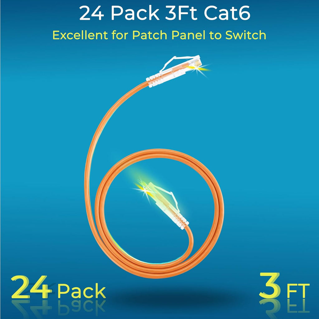 Rapink Patch Cables Cat6/ Cat6a 3ft (24 Pack) Slim, Cat6a Ethernet Patch Cable 10G Support, Snagless Cat 6 Patch Cable for Patch Panel to Switch, Flexiable Cat6 Ethernet Cable Orange