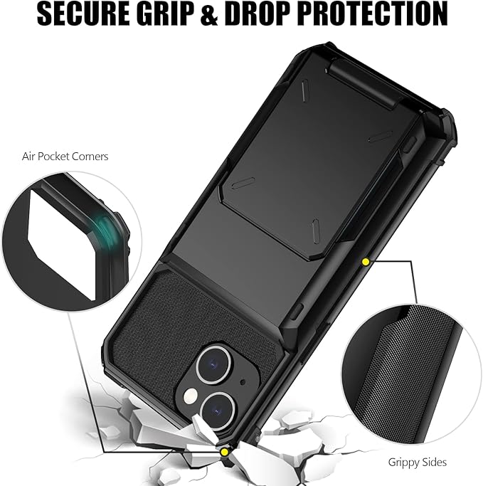 Nvollnoe for iPhone 13 Case with Card Holder[Store 5 Cards] Dual Layer Heavy Duty Shockproof Wallet Case with Hidden Card Slot Large Storage Cover for iPhone 13(Black)